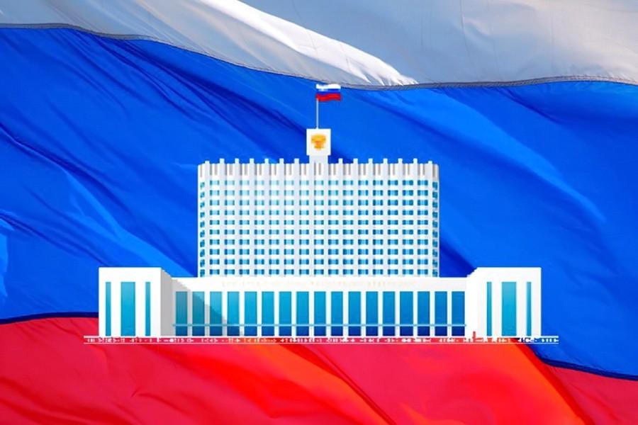 Стилизованное изображение здания Дома Правительства РФ на фоне синего триколора — иллюстрация к новости о расширении перечня пострадавших отраслей