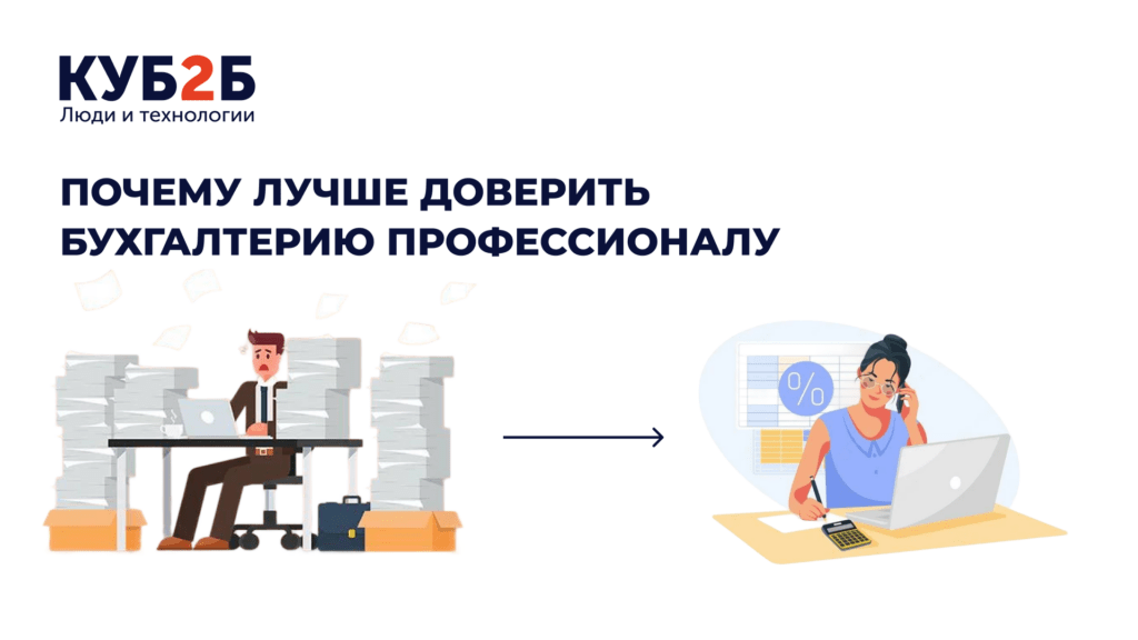 Баннер-разделитель КУБ2Б «Почему лучше доверить бухгалтерию профессионалу»: иллюстрация перехода от заваленного бумагами бухгалтера за столом к спокойному консультанту с ноутбуком