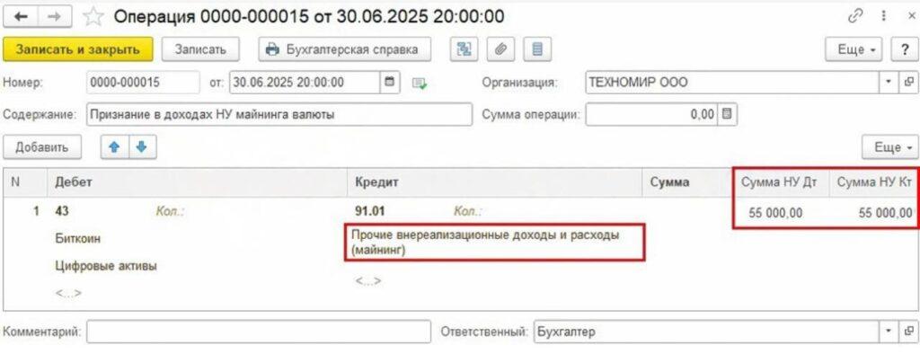 Рис. 3. Пример документа «Прочие внереализационные доходы (расходы)» в 1С: операция 0000-000015 от 30.06.2025, признание в доходах НУ майнинга валюты — Дт 43 (Биткоин) Кт 91.01, сумма НУ 55 000,00
