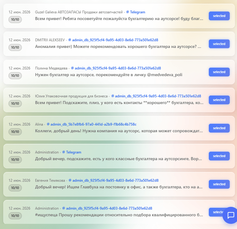 Скриншот интерфейса мониторинга сообщений в Telegram-чатах предпринимателей: список постов с запросами вида «нужен бухгалтер на аутсорсе», «подскажите хорошего бухгалтера» с датами, авторами и отметками «selected» — иллюстрация к поиску клиентов бухгалтеру через Telegram-чаты